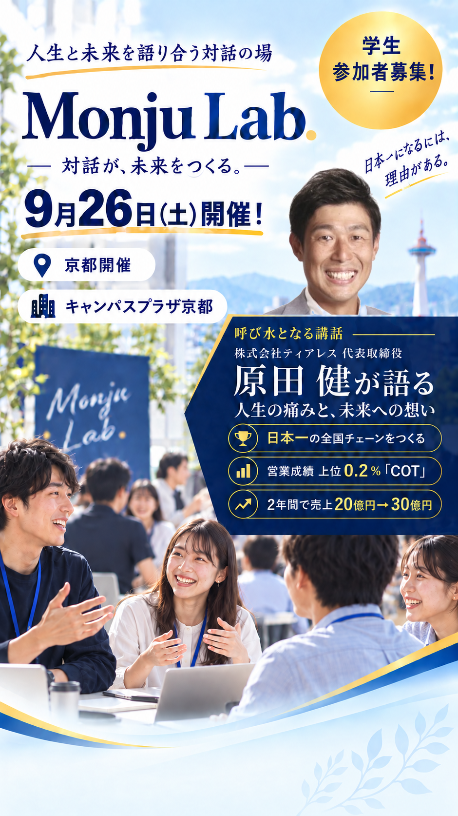 Monju Lab. 9月26日土曜日開催。原田健による人生の痛みと未来への想いについての講話と、学生が対話するイベント。会場はキャンパスプラザ京都。